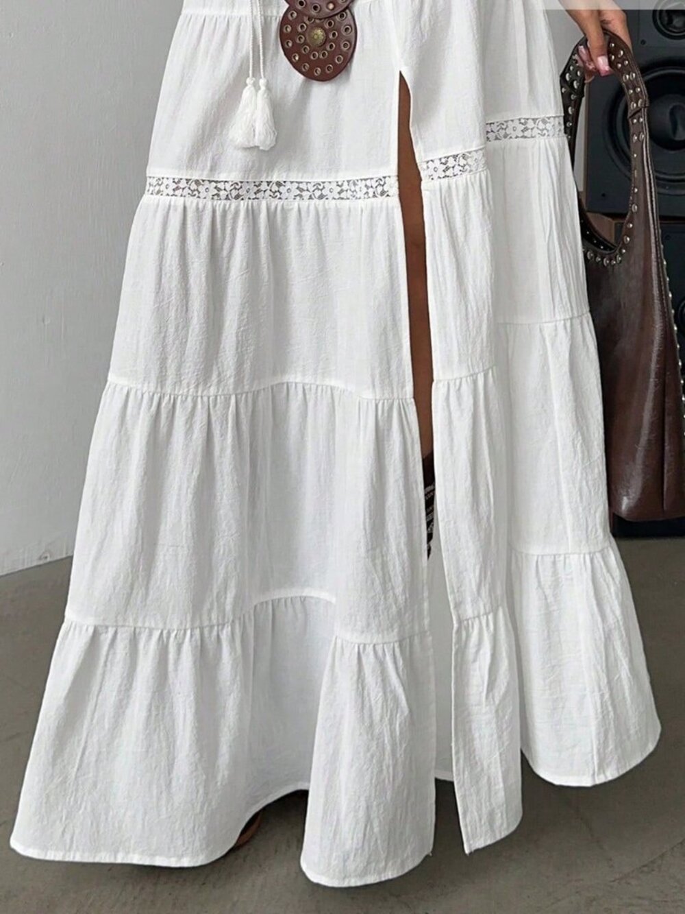 White Boho Women's Beach High-Slit Maxi Skirt with Elastic Waist - Picture 3 of 6